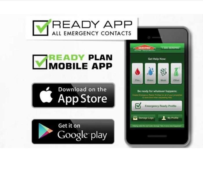 iphone with the servpro ready app, and the google play, apple app store, and Ready plan mobile app icons